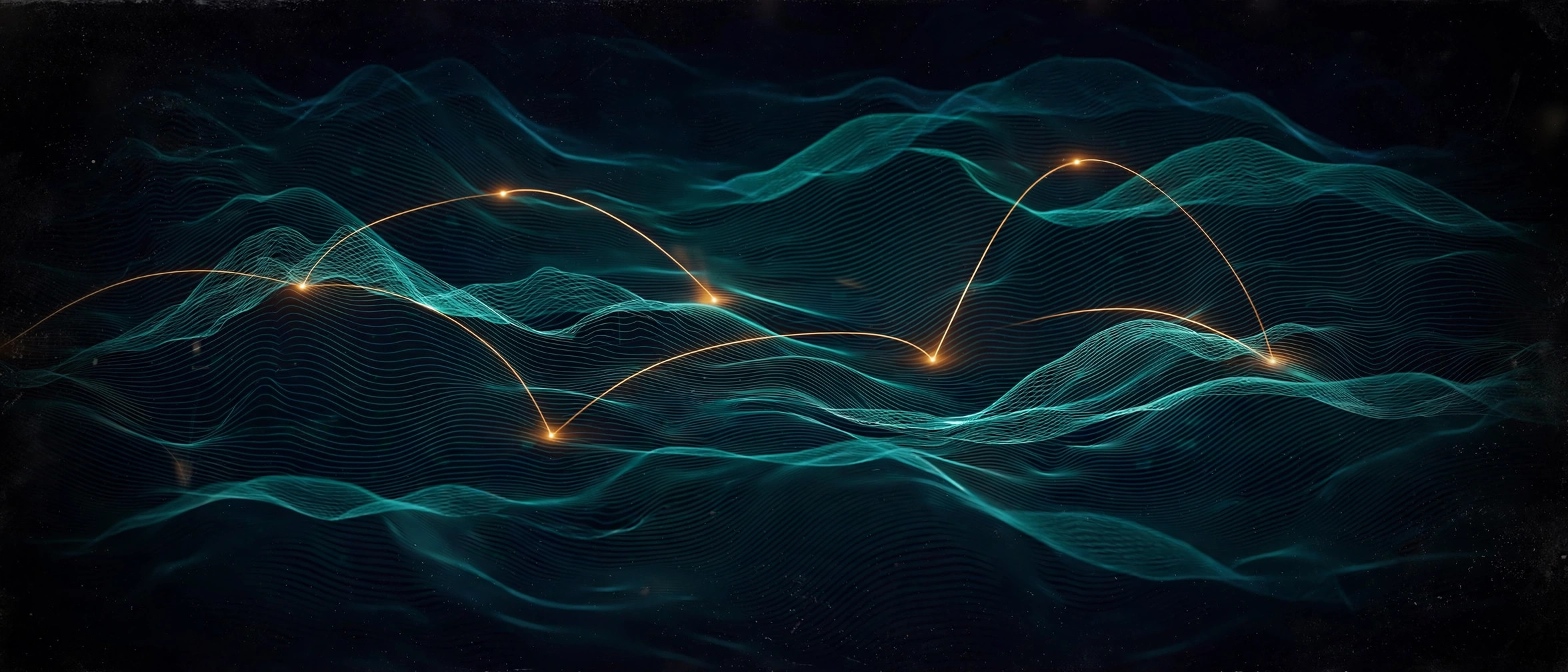 Abstract signal map: teal contour waves on deep navy with amber signal arcs